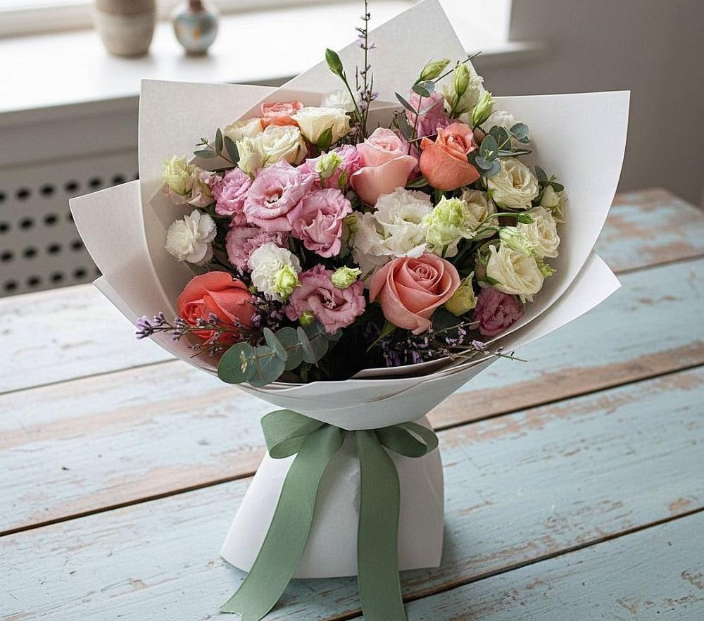 Букет цветов из: Розы, Лизиантусы и Гвоздики в Старом Крыму