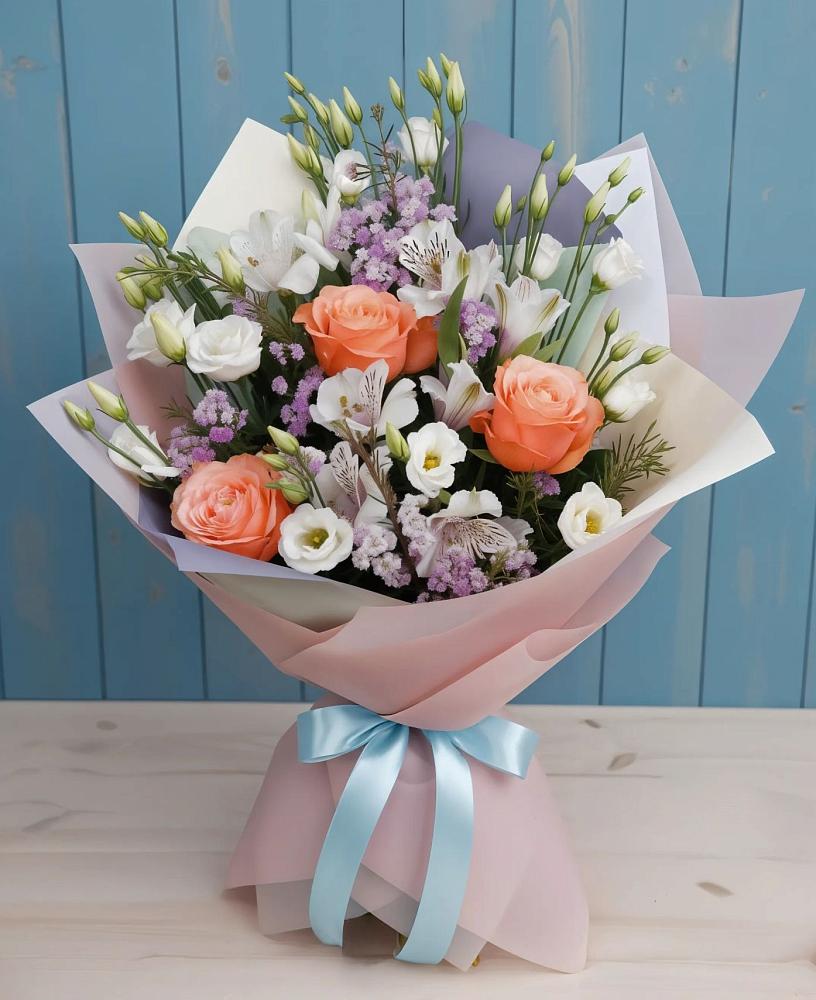 Букет цветов из: Лизиантусы, Розы, Альстромерии и Гипсофила в Старом Крыму